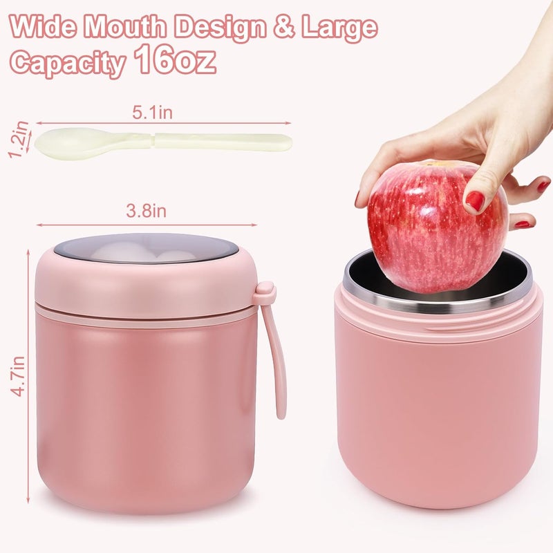 Juome 16oz Kids Thermo for Hot Food - Insulated Vacuum Food Jar Container, Wide Mouth Stainless Steel Soup Thermo Lunch Box for Kids with Spoon, Leakproof (Pink) - Image 2